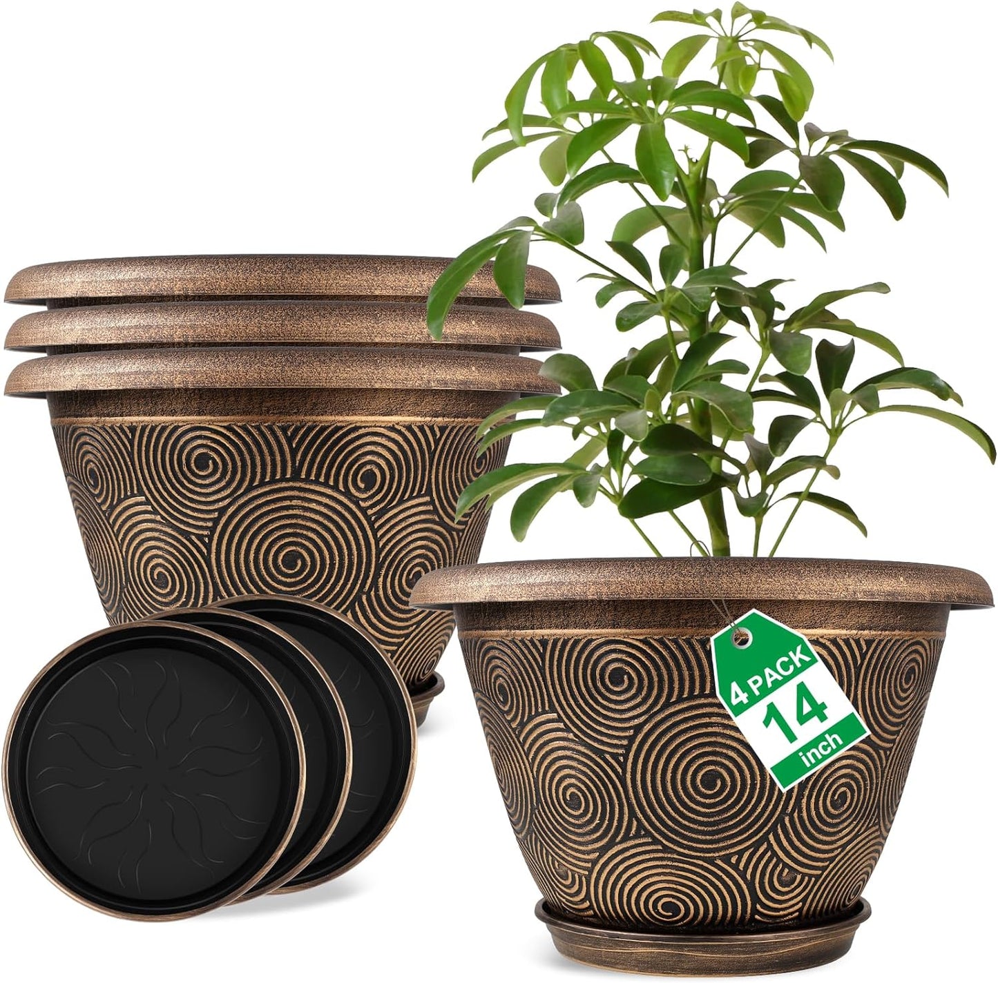14 Inch Large Planter Pot for Plants Indoor Outdoor, 4 Pack Plastic Flower Pots with Drainage Hole & Tray, Modern Decorative Garden Pot with Saucer, Plant Container for House