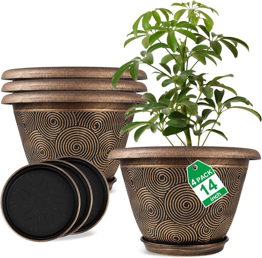 14 Inch Large Planter Pot for Plants Indoor Outdoor, 4 Pack Plastic Flower Pots with Drainage Hole & Tray, Modern Decorative Garden Pot with Saucer, Plant Container for House