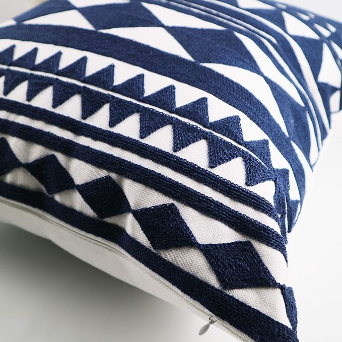 Embroidery Throw Pillow Cover 18x18 Home Décor Navy Blue Geometric Cushion Cover Diamond Triangle Pillow Case Floor Pillow Cover for Couch Sofa Chair 100% Cotton 45x45cm, 1 Piece