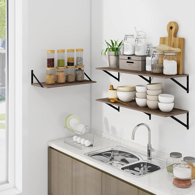 Heimlove Deep Floating Shelves for Wall, 48W x 12D Rustic Grey Wood Wall Shelves Set of 2, Large Floating Shelf for Living Room, Kitchen, Office, Bedroom and Decor Storage, with Metal Bracket - Grey