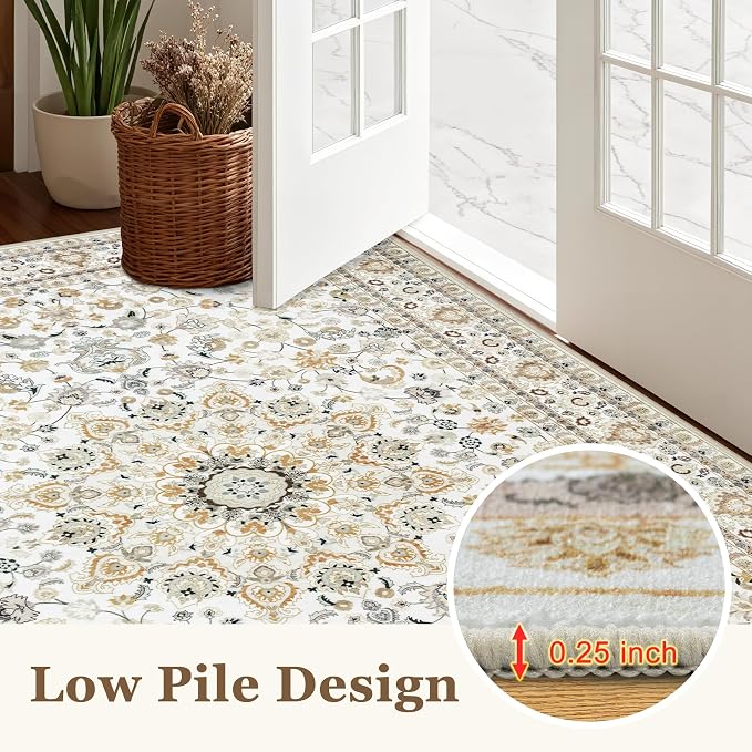 Round Area Rug for Living Room: 6ft Washable Vintage Boho Soft Thin Circle Rug Indoor Floor No Slip Stain Resistant Carpet for Bedroom Dining Room Farmhouse Nursery Home Office - Beige