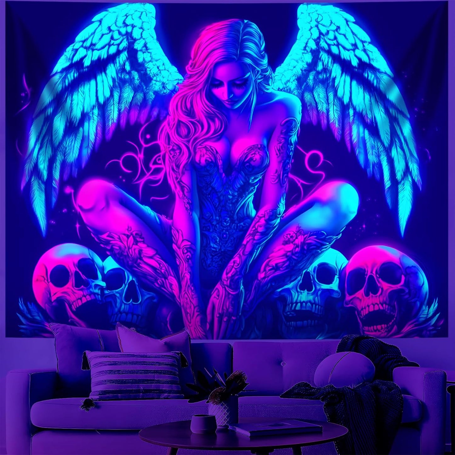 Blacklight Tapestry,WingTapestry Glow In The Dark,UV Reactive Black Light Upright Posters Wall Hanging for Bedroom Dorm Living Room Backdrop Decor (wing15, 79L" x 59W")
