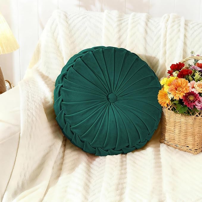 ROSE&RISY Round Pleated Velvet Throw Pillow, 1 Pack Decorative Accent Pumpkin Pillow Cushion for Couch Sofa Bed, Soft Plush Retro Vanity Throw Pillows for Home Decor, 14.5 Inch, Teal