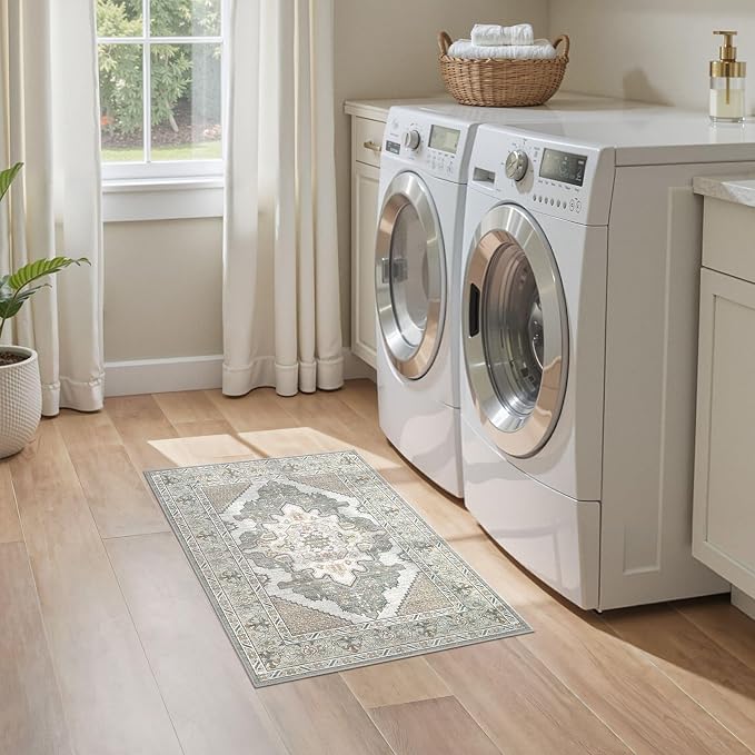 Tortania Area Rug 2x3 Doormat - Washable Vintage Oriental Farmhouse Soft Thin Indoor Carpet for Living Room Bedroom Hallway Entryway Kitchen - Sage Green