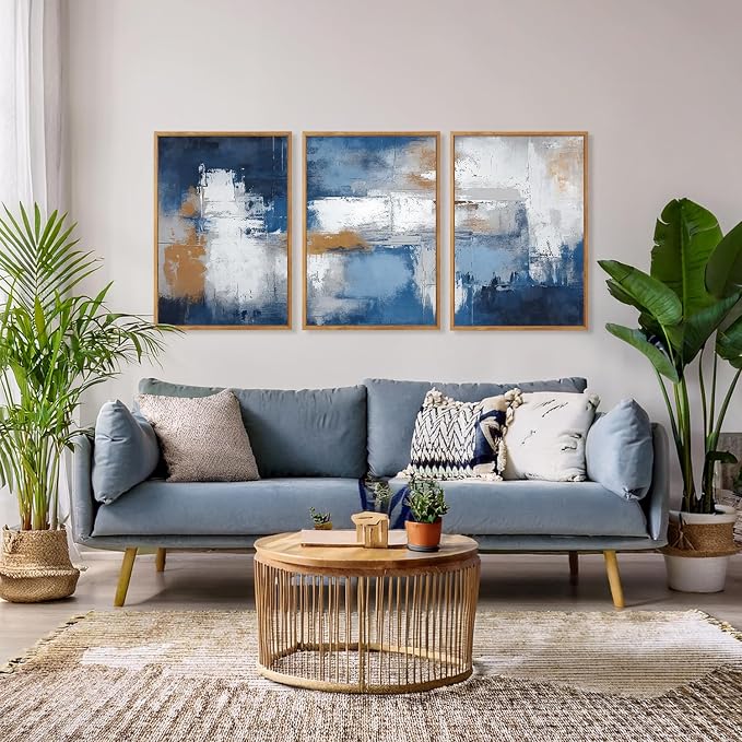 HOURIA 3Pcs Large Abstract Navy Blue Framed Canvas Wall Art Set(16"x24"),Minimalist Modern Blue Grey White Wall Decor,Neutral Blue Toned Color Block Shapse Art Print for Living Room Bedroom Office