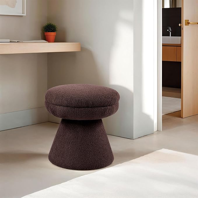 Furniture of America Rami Modern 18-inch Mushroom-Shape Upholstered Ottoman with Tapered Pedestal, Vanity Stool Chair, Small Foot Stool for Bedroom, Living Room, Entryway, Brown