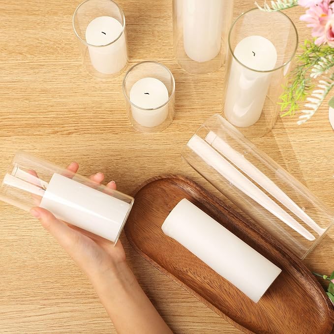 Shihanee Set of 6 Pillar Candles and Glass Cylinder Vases Assorted Sizes Cylinder Holders for Pillar Candles Home Table Centerpieces Wedding Party Decorations (White)