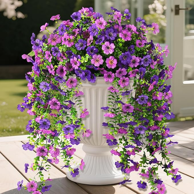 Homsunny Artificial Hanging Flowers for Outdoor, 2PCS Fake Flowers Faux Silk Daisy with Eucalyptus Leaves, UV Resistant Aritificial Flowers for Spring Home Patio Yard Porch Decor (Double Purple)