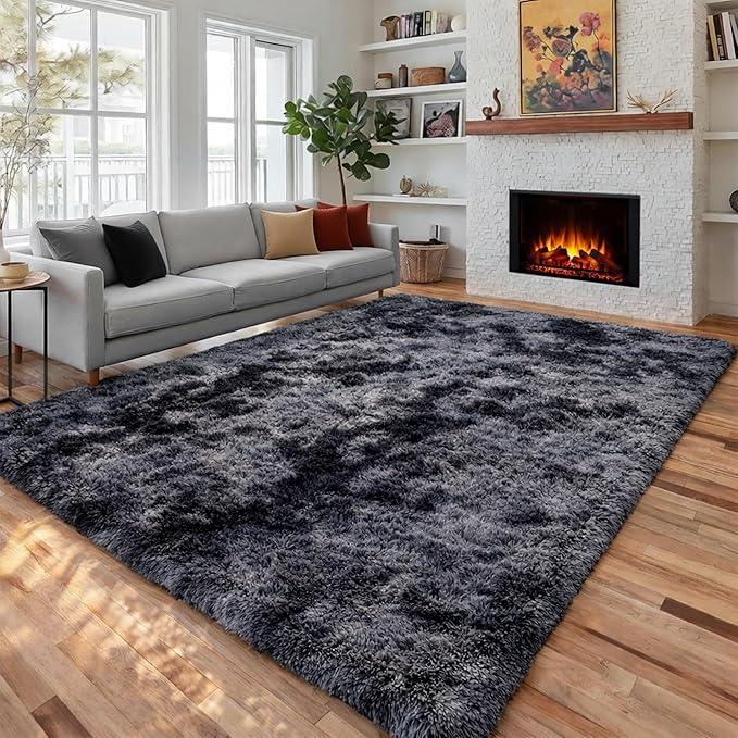PAGISOFE Abstract Shaggy Area Rug 4' x 6' Plush Furry Rugs for Living Room, Tie-Dyed Dark Grey Soft Fluffy Rugs for Bedroom Grils Boys, Fuzzy Rug for Nursery, Dorm. Shag Carpet for Kids Room Decor