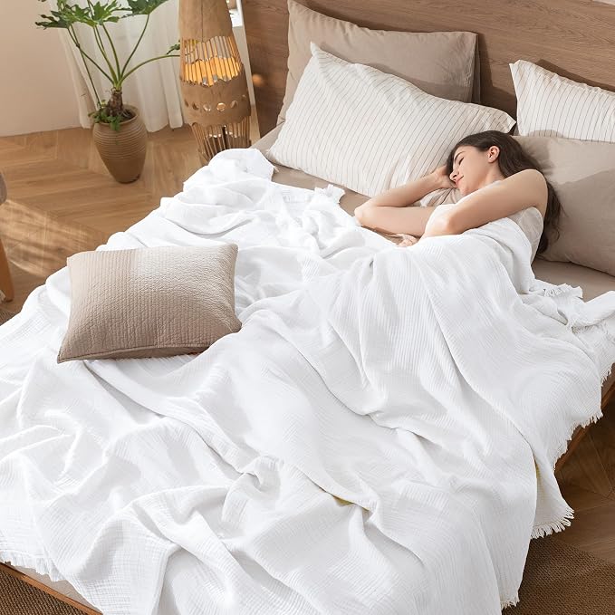 MooMee Muslin Blanket - 100% Cotton 4-Layer Gauze Throw Blanket with All-Around Fringe, Soft Breathable Lightweight Cooling Summer Blankets for Bed Couch (Bright White,Throw 60" x 50")