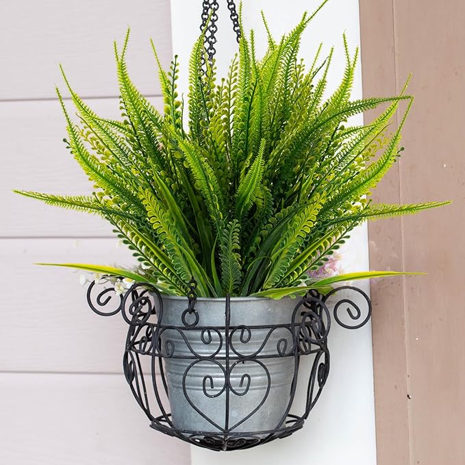 ZEOSTARO 12 Bundles Artificial Plants Outdoor Fake Boston Fern Greenery with Flowers Faux UV Resistant Shrubs Garden Patio Porch Window Box Farmhouse Hanging Decor(Green)