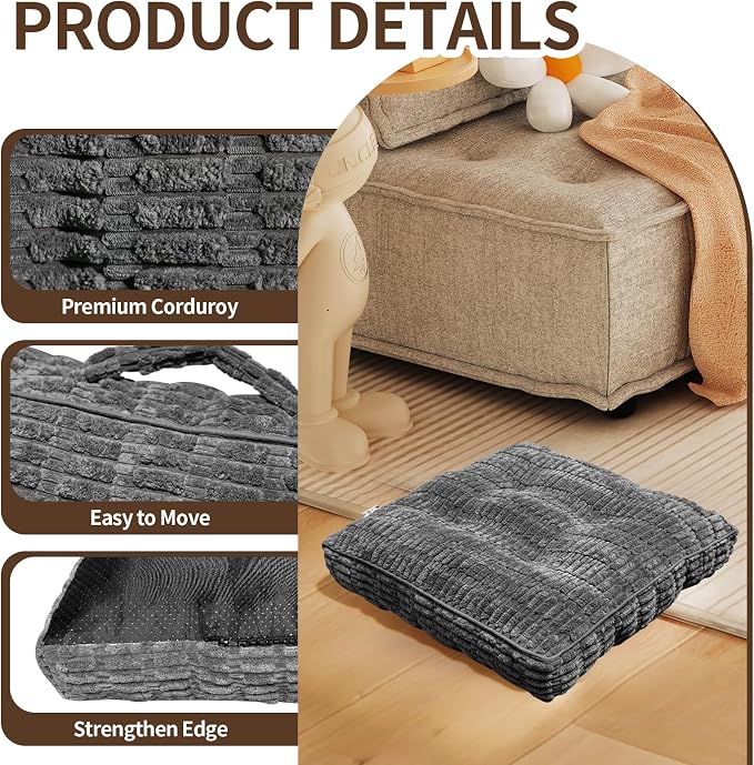 Floor Cushions, Corduroy Floor Pillow, Floors Pillows for Adults & Pets, Large Floors Pouf, Square Floored Pillows for Sitting & Yoga(2PC, Dark Grey，22"×22"×5.9")