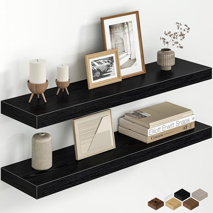 Fun Memories 32 Inch Floating Shelves for Wall, 8 Inch Deep Rustic Wood Floating Shelves Set of 2, Wall Mounted Hanging Shelf with Invisible Brackets for Bathroom, Bedroom, Kitchen, Living Room, Black