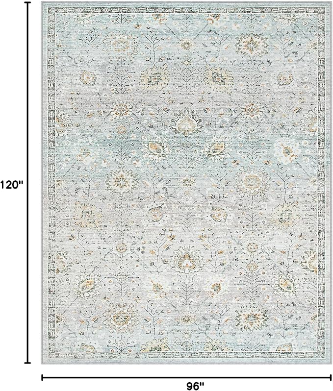 Lahome Flavie Boho Light Blue Area Rug 8x10 for Living Room, Soft Floral Rugs for Bedroom Aesthetic, Washable Floor Carpet Non Slip Indoor for Dining Room Home Decor (Blue/Grey)