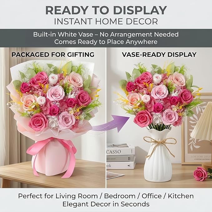 XTYFJGVA 12 Preserved Pink Roses Bouquet, Flowers for Delivery, Real Roses That Last 1-3 Years, Birthday Gifts for Women, Forever Flower Gifts for Mom, Wife, Grandma, Her on Mothers Day, Anniversary