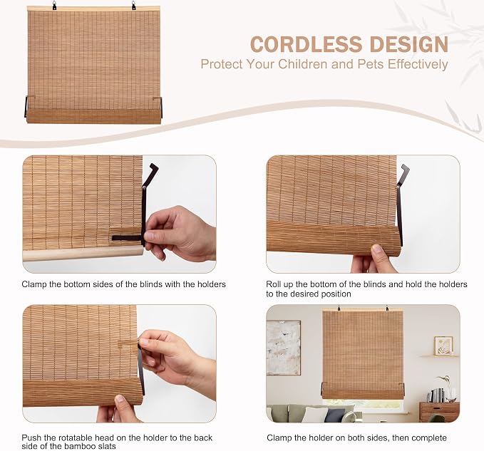 ALIMOO Bamboo Blinds Cordless Roll Up Shades for Windows, Light Filtering Cordless Roller Shades for Indoor Outdoor Home Patio Porch 32" W x 72" H