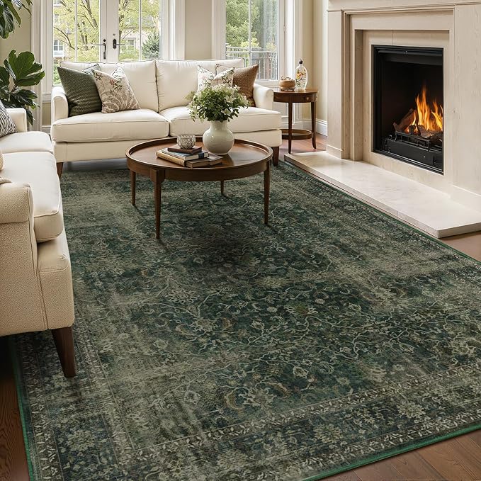 Area Rugs 6x9 Dark Green, Vintage Distressed Earth Tone Living Room Rug Washable Low Pile, Dark Moody Carpet Rug for Bedroom Dining Room Non Slip, Home Office Reading Nook