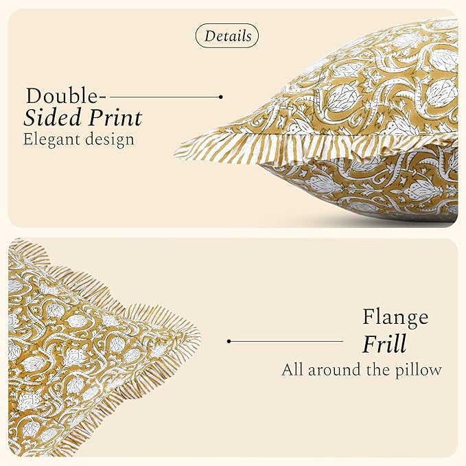 CPC Block Print Ruffle Throw Cover Mustard Regal 20"x20" Inch Pack of 2-100% Cotton Ruffle Couch Decorative Boho Pillows Case for Living Room, Bedroom, Sofa, Farmhouse Gift for Spring, Mother's Day