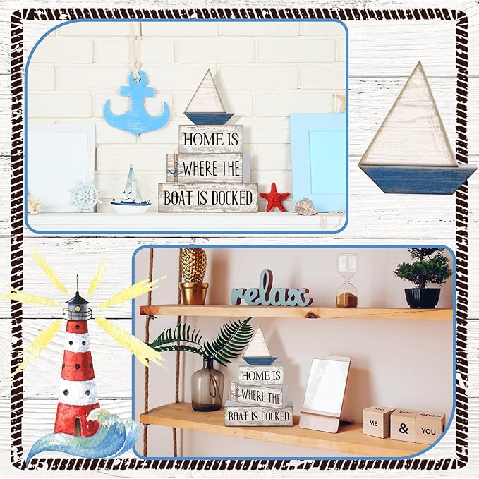 Conelist 4 Pcs Nautical Wooden Table Decor Farmhouse Sailboat Centerpieces Vintage Tiered Tray Decoration Home is Where The Boat is Docked Block Sign for Home Living Room Bedroom Office Decor