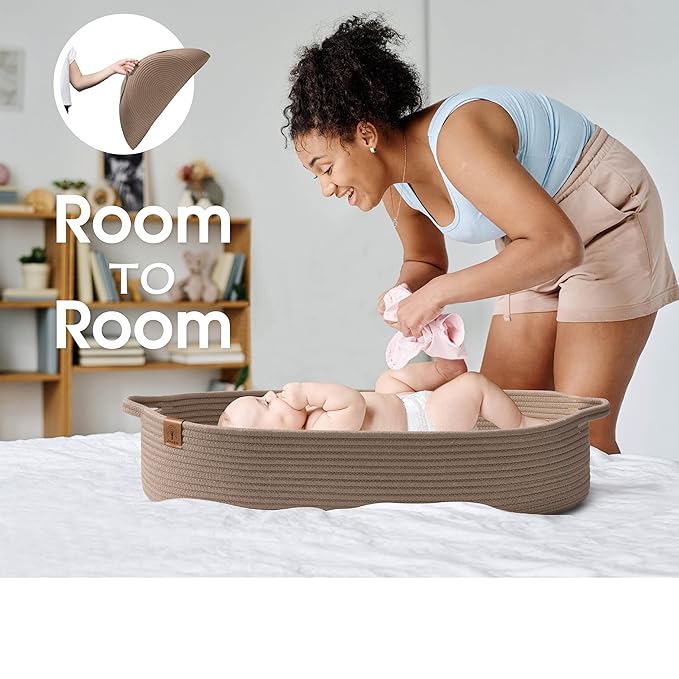 Baby Changing Basket Includes Diaper Caddy - Soft & Waterproof Dual-Cover, Portable, Changing Pad for Dresser & Changing Table, Gift for Baby Shower, Organic Cotton Rope