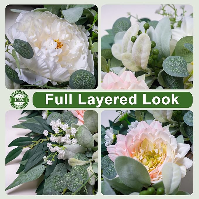 Spring Summer Wreath for Front Door, 22" Artificial Silk Peony Eucalyptus Floral Wreaths for Indoor Outdoor, Farmhouse Greenery Home Decor for Holiday Housewarming