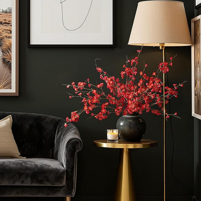 florisso 6 PCS Artificial Cherry Blossom Branches Spring Indoor Decoration, Faux Red Flowers 34.45" Long Stems Fake Plum Peach Plants Real Touch Silk for Wedding Home Bedroom Party Table Office