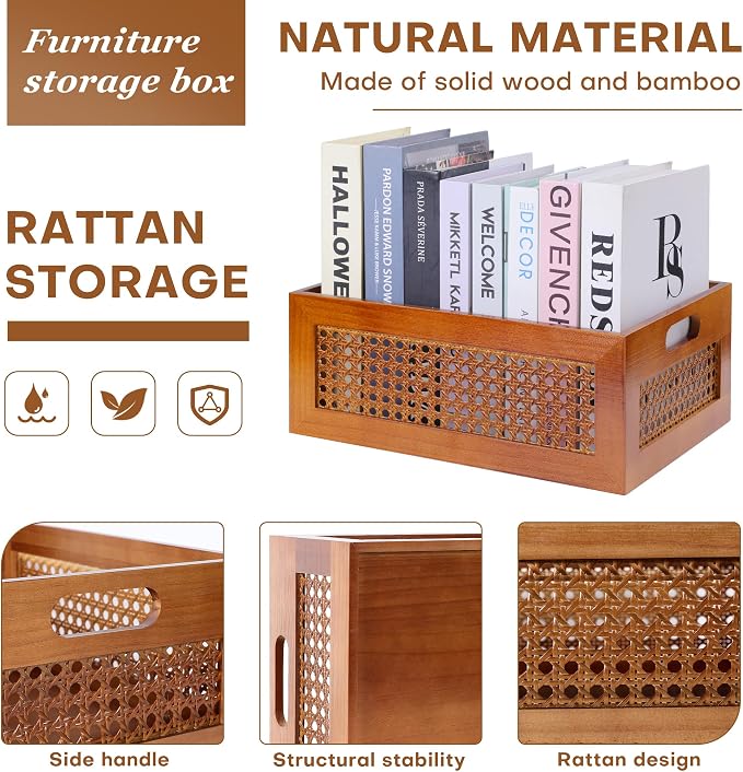 Wooden Storage Basket Handmade Rattan Drawer Storage Box with Frame & Handles Decorative Natural Bamboo Woven Bins Rustic Farmhouse Decor Home Office Tabletop Shelf Organizer 13.8" x 9.8" x 5.5"