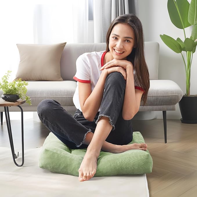 Degrees of Comfort Meditation Floor Pillow, Square Large Pillows Seating for Adults, Tufted Corduroy Cushion for Living Room Tatami, Green 22x22 Inch