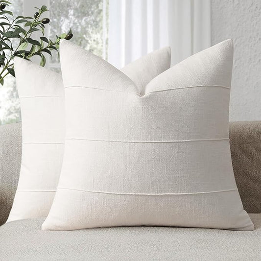 Decorative Linen Throw Pillow Covers 20x20 Set of 2 Solid handcrafted Striped Cushion Covers for Bed Soft Modern Farmhouse Neutral Pillowcase for Couch Bedroom Living Room Home Decor(Cream White)