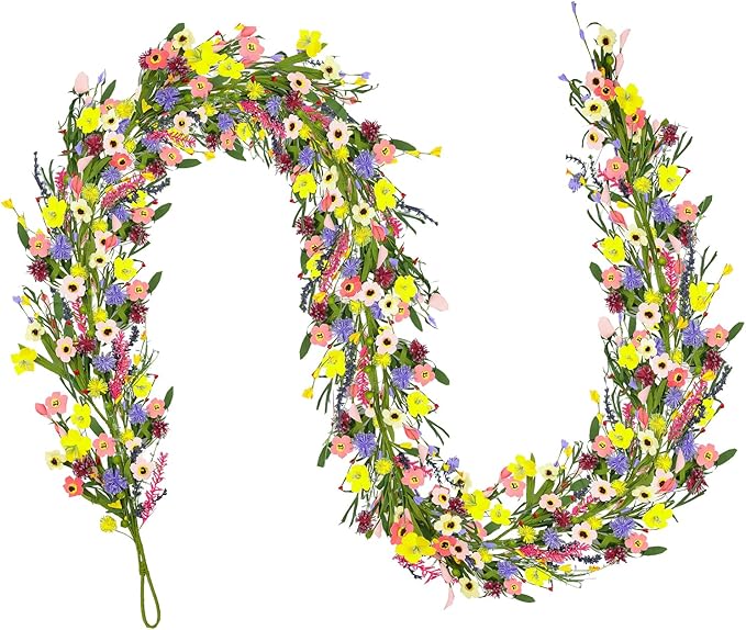 6 ft Artificial Wildflower Garland Wisteria Lavender Daisy Faux Floral Vine Summer Spring Floral Fake Garland All Year Round Home Decor for Indoor Outdoor Home Wedding Arch