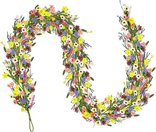6 ft Artificial Wildflower Garland Wisteria Lavender Daisy Faux Floral Vine Summer Spring Floral Fake Garland All Year Round Home Decor for Indoor Outdoor Home Wedding Arch