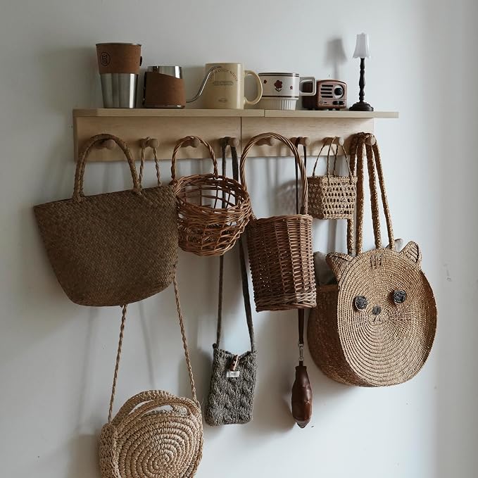 Wall Mounted Coat Rack with Shelf, Entryway 8 Hooks, 2 Pack | Birch finish shelf