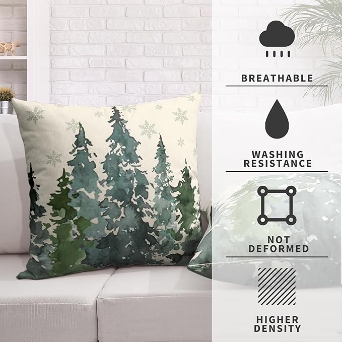 Green Watercolor Pine Tree Pillow Covers 24x24 Winter Rustic Nature Forest Pillow Case Set of 2 Misty Forest Woodland Cotton Linen Cushion Case for Farmhouse Couch Living Room