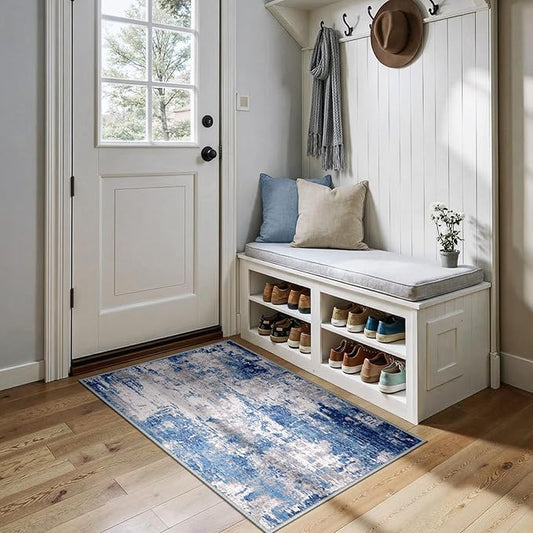 RELEANY Washable Area Rugs 3x4 Non-Slip Modern Abstract Soft for Living Room Entryway Bedroom Nursery, Print Pattern, Blue Grey Navy Gray