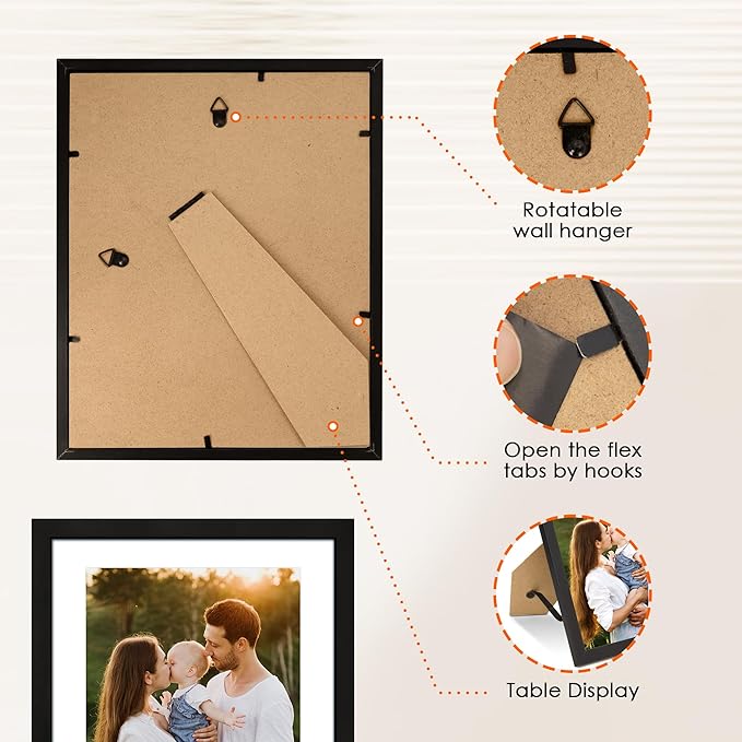 FIXSMITH 8x10 Picture Frame Set of 10, Photo Frame Bulk with HD Plexiglass, Display Pictures 5x7 with Mat or 8x10 Without Mat Multi Picture Frames Collage for Tabletop or Wall Display, Black