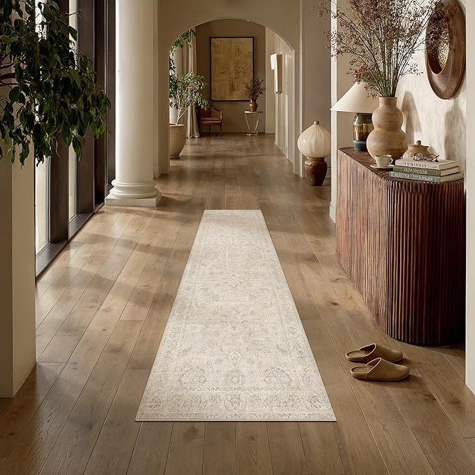 2x6 Cream Washable Runner Rug for Kitchen Hallway Neutral Floral Soft Non Slip Rug Low Pile Distressed Carpet for Bathroom Bedroom Indoor Nursery