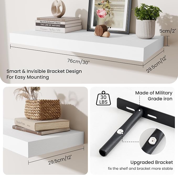 Fun Memories 12 Inch Deep Floating Shelves for Wall, 30 Inch Long Floating Shelf, 30 x 12 Shelf for Wall, Rustic Wood Bookshelves, Hanging Shelves for Bathroom Kitchen Bedroom, White, Set of 2