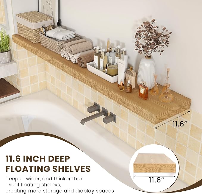 FLYJOE Deep Floating Shelves, 72 Inch Oak Shelves Set of 1 | 12 Inch Deep Shelves for Wall, 72'' x 12'' Rustic Wood Shelves for Bathroom Living Room Laundry Room Kitchen