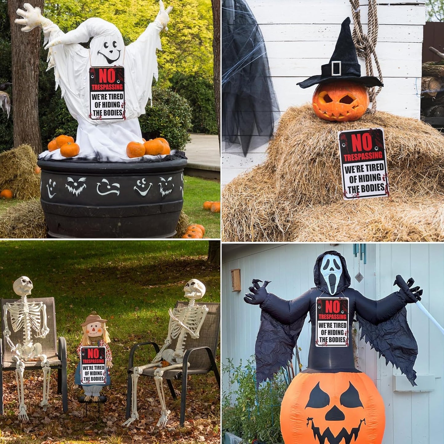 Alotpower Halloween Decorations Metal Tin Sign for Outdoor Yard, Garage Wall, Rustic Vintage No Trespassing We're Tired of Hiding The Bodies, 7.8x11.8in