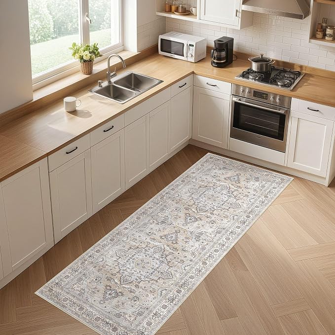 Runner Rug Kitchen Washable Rugs: 2x6 Non-Slip Boho Soft Vintage Stain Resistant Indoor Floor Neutral Farmhouse Throw Carpet for Hallway Bathroom Laundry Room Entryway Bedroom- Ivory Gray