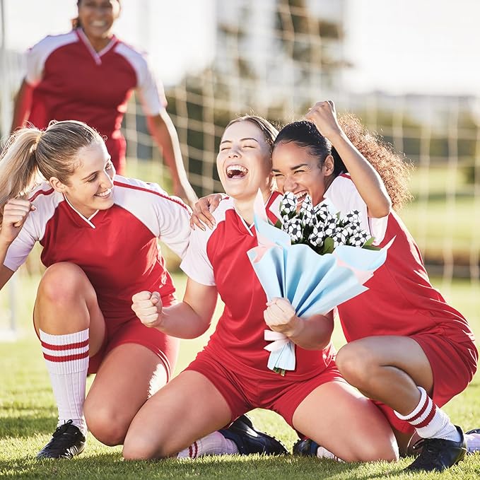 Suhine 6 Pcs Artificial Soccer Rose Flowers Sports Party Favors Bulk for Birthday Graduation Wedding Party Decorations Table Centerpieces Mom Fans Team Coach Senior Night Gift (Soccer Color, Normal)