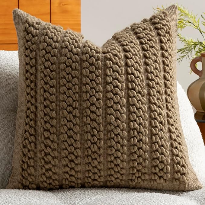 DEZENE Wool Boucle Throw Pillow Cover Premium Chic Accents Square Textured Decorative Pillow Case for Living Room Couch Sofa Home Decor 18"x18" Taupe