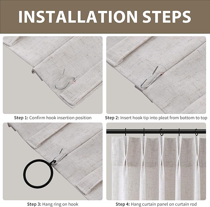 Guken Beige Boho Pinch Pleated Linen Curtains Farmhouse 84 Inches Long for Living Room 2 Panels Set Semi Sheer Light Filtering Pinch Pleat Hooks Rings Back Tab 84 Inch Curtain for Bedroom Nursery