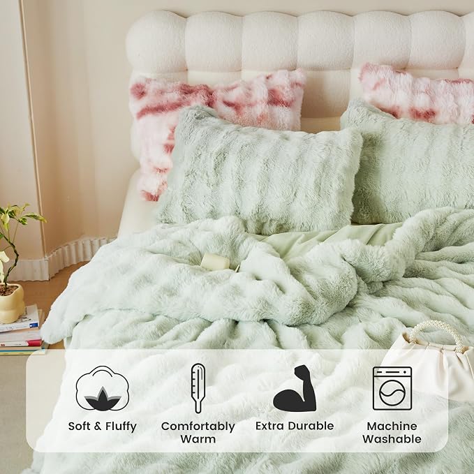 Simple&Opulence Fluffy Faux Fur Comforter Set, Plush Fuzzy Minky Bedding Set, 3 Pieces Warm Soft Comforter Bedding Set for Winter - 1 Shaggy Comforter with 2 Pillow Shams(Queen, Light Green)