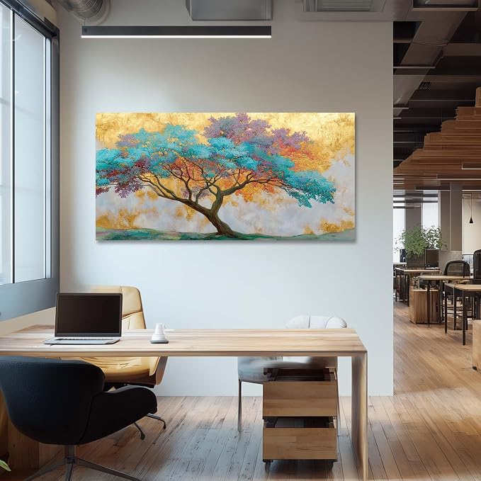 Ggaafet Gold Blue Tree Wall Art for Bedroom Canvas Oil Painting Prints Beautiful Tree of Life Art Deco Modern Artwork Office Family Dining Room Decor