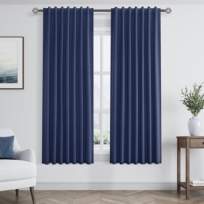 Guken 100% Blackout Curtains 63 Inch Length 2 Panels Set for Living Room Bedroom Back Tab Thermal Insulated Black Out Linen Drapes Room Darkening Window Curtains 63 Inches Long,Classic Blue