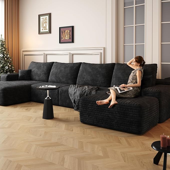 135" U Shaped Sectional Couch with Ottoman, Large Sectional Couches for Living Room, Plush Corduroy Convertible Sleeper Sofa, Compressed Foam Sofa in a Box No Assembly, Left Facing Chaise, Black