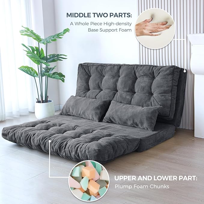 MAXYOYO Folding Sofa Bed, Tufted Bean Bag Bed with Pillows Floor Couch for Adults, Extra Thick and Long Floor Sofa, Full Couch for Bedroom Living Room, Dark Grey, 54x91 Inch