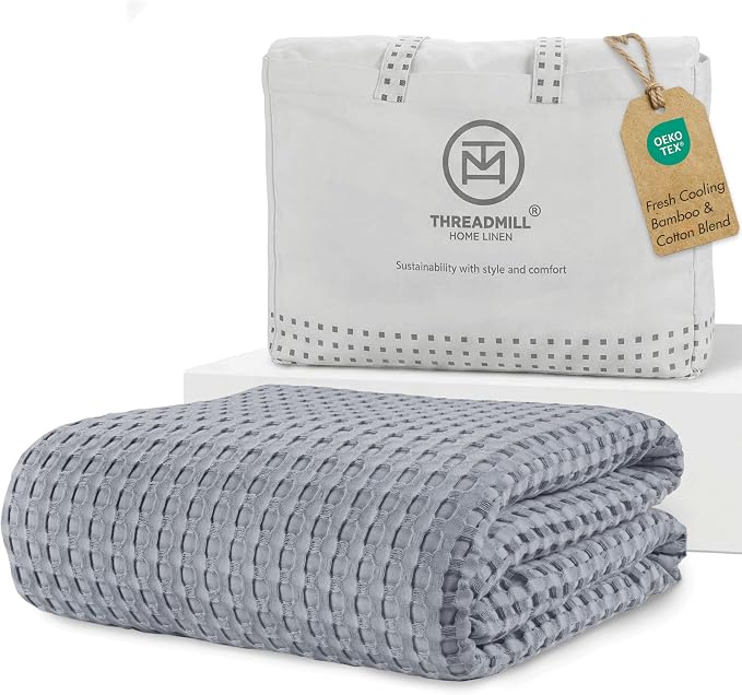 Threadmill Cooling Waffle Blanket King Size | Breathable, Lightweight and Cooling | Made from Rayon Derived from Bamboo | Waffle Throw Blanket for Couch and Sofa | 106 x 92 Inches | Scottish Grey
