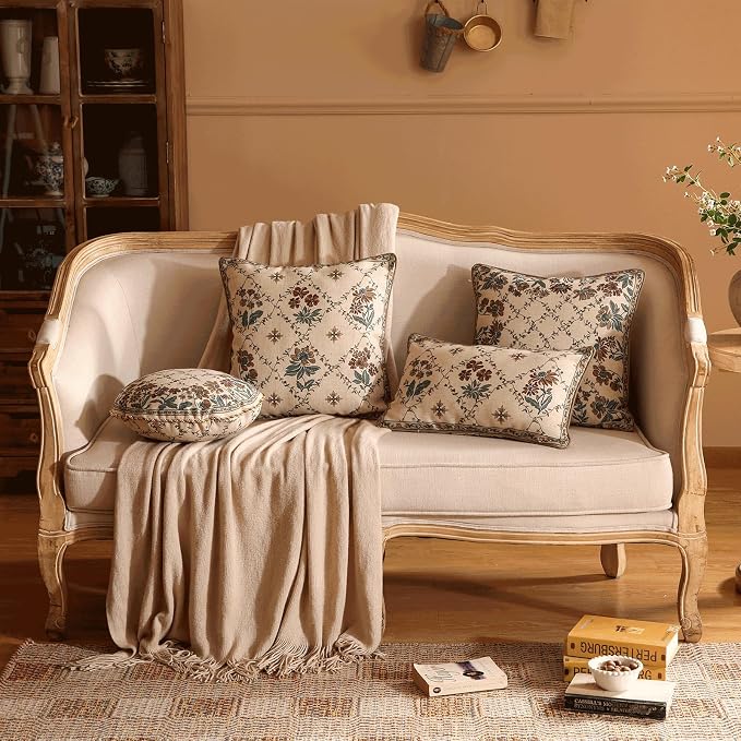 patdrea Vintage Linen Throw Pillow Cover,Diameter 16",Set of 2-Audrey B | French Decorative Pillow Case with Zipper,Brown Floral Pattern,Pillow Cover for Couch Living Room Bedroom Sofa